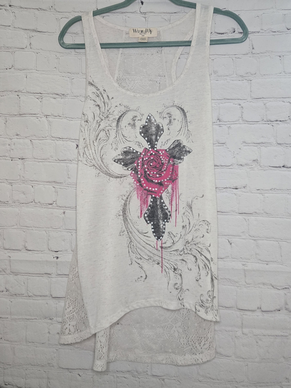 White Lace-Back Tank with Pink Rose Graphic